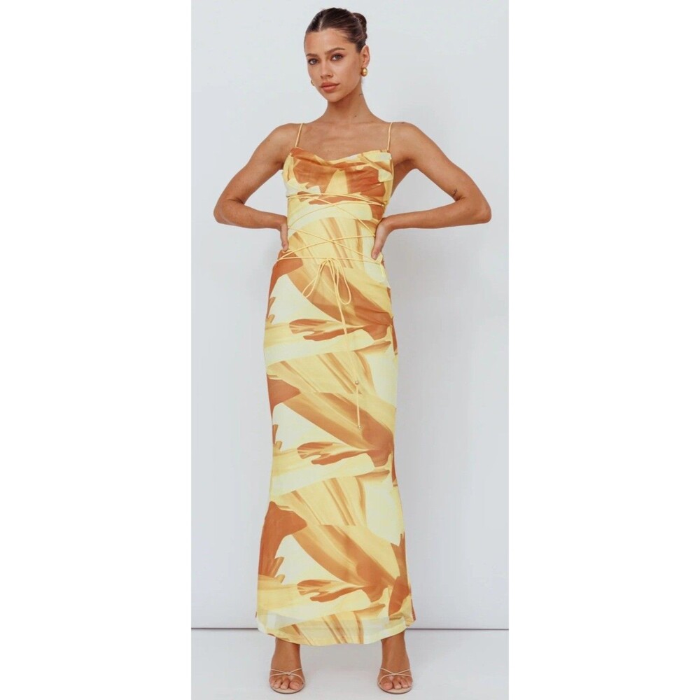 SELFIE LESLIE Teava Sz S Laced Waist Maxi Dress Abstract Yellow Angel Biba NWT